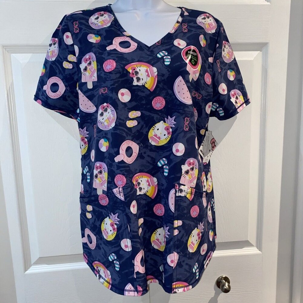 Hello Kitty by Sanrio Ladies Scrub Top Shirt Summer Beach Pool Theme Size XS